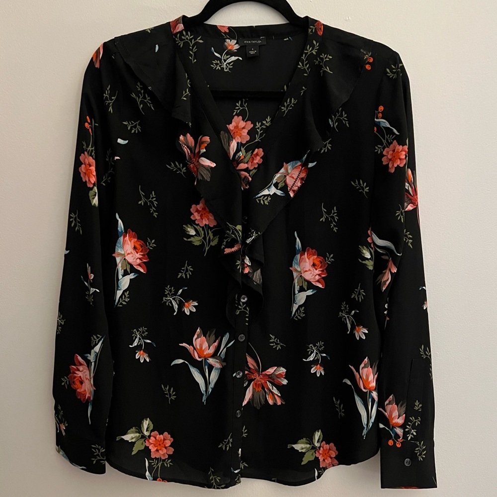 Ann Taylor Ruffle Floral Sheer Blouse Size S